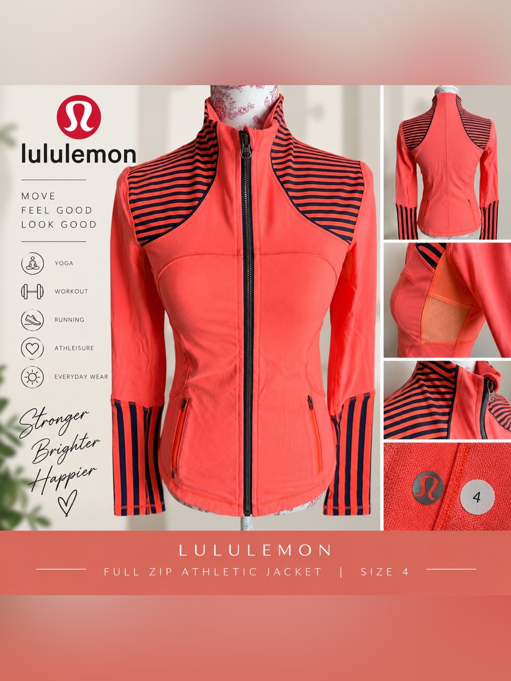 Lululemon Coral Orange Navy Stripe Full Zip Jacket Size 4